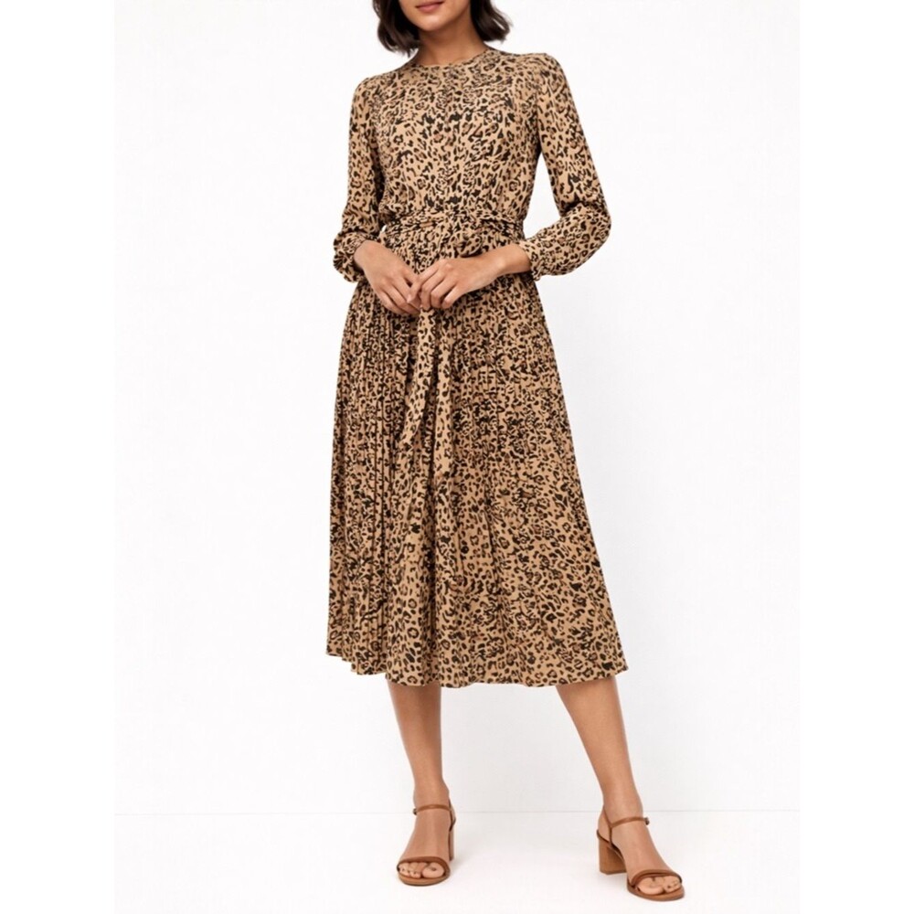 J. Crew Leopard Midi Dress Pleated Skirt Tie Waist Ruffle Cuff Long Sleeve Sz 6